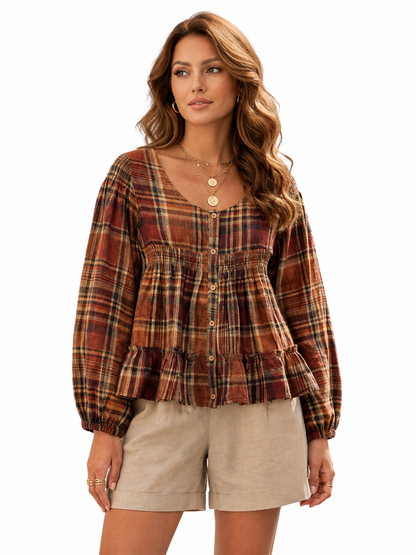 Women’s Pure Linen Checked Peplum Top