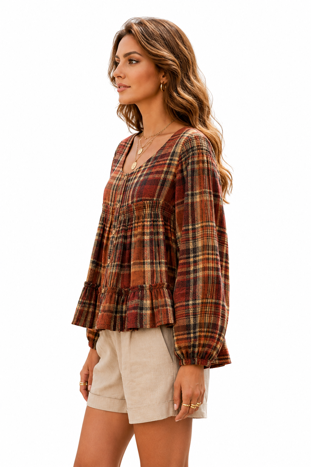 Women’s Pure Linen Checked Peplum Top