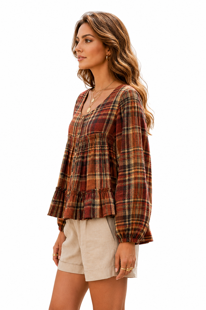 Women’s Pure Linen Checked Peplum Top