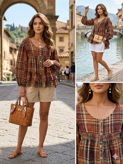 Women’s Pure Linen Checked Peplum Top