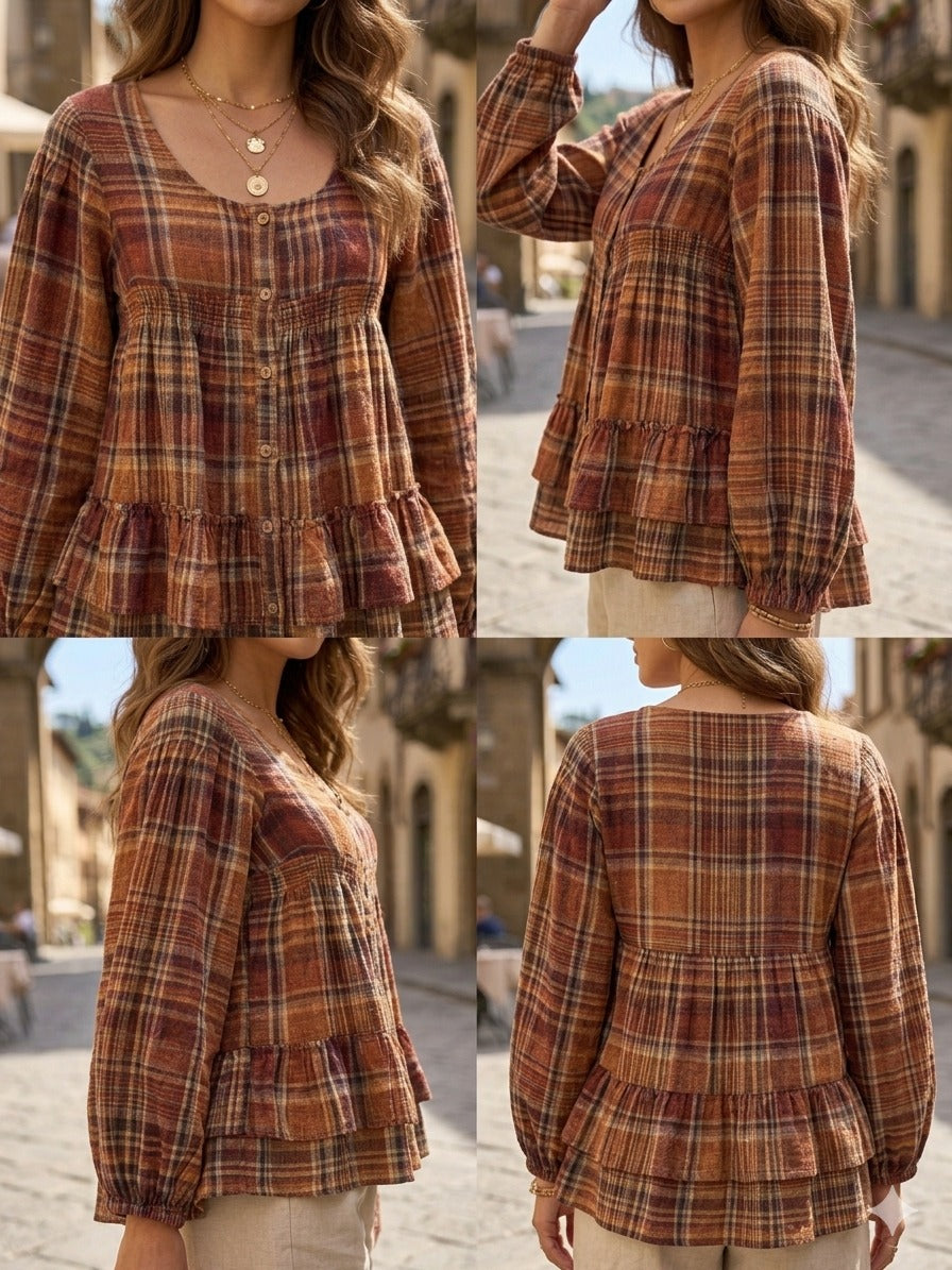 Women’s Pure Linen Checked Peplum Top